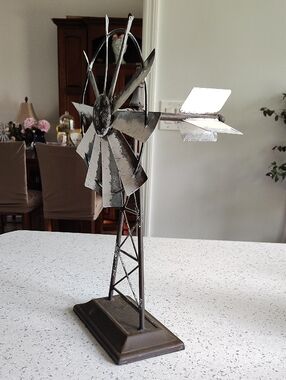 Metal Windmill Tabletop Sculpture - Rustic White and Brown Home Art